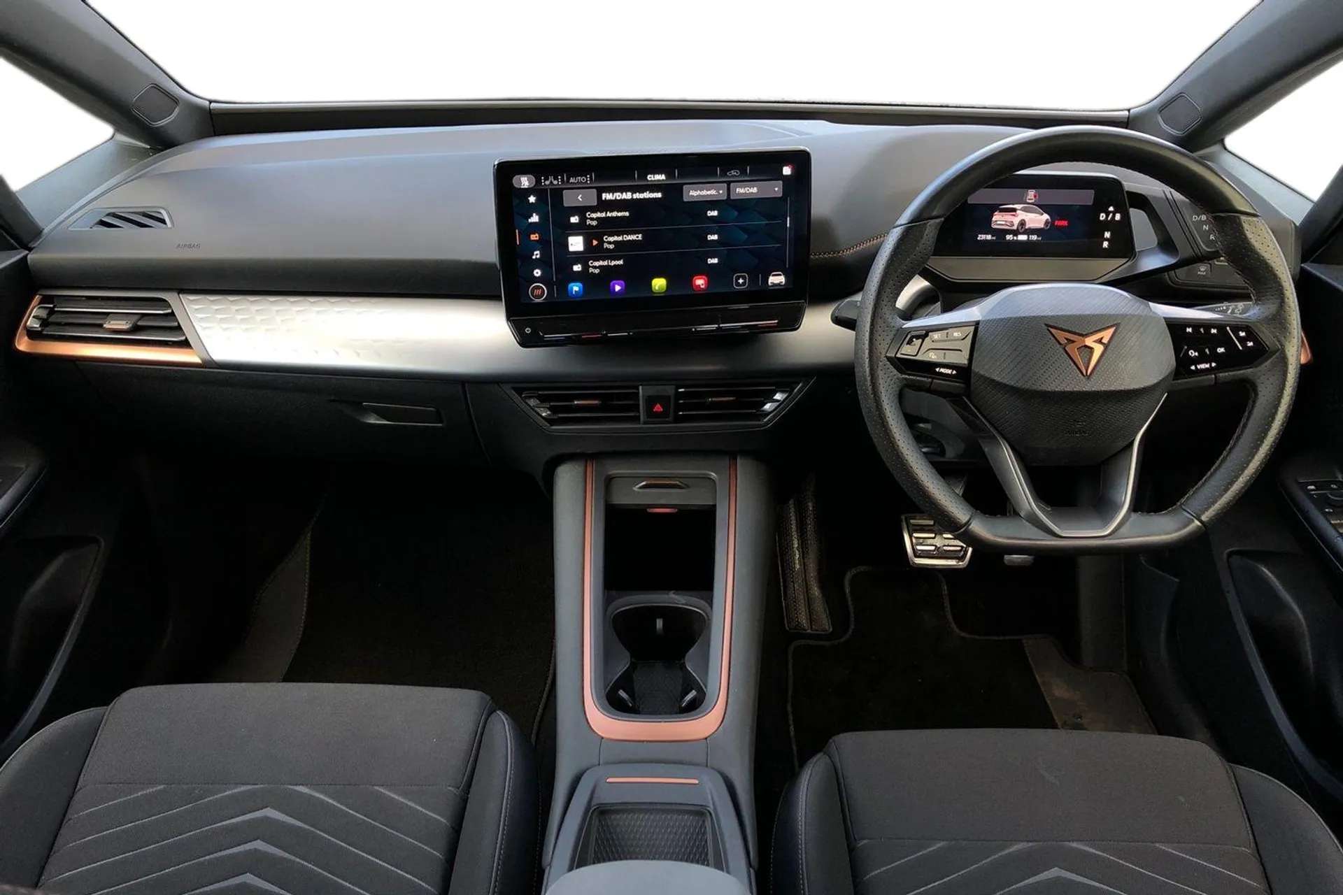 A 2023 CUPRA BORN 150kW V2 58kWh 5dr Auto [ Heated front seats , Augmented reality head up display , Multi-colour ambient interior lighting , 19" Typhoon machined alloy A 2023 CUPRA BORN 150kW V2 58kWh 5dr Auto [ Heated front seats , Augmented reality head up display , Multi-colour ambient interior lighting , 19" Typhoon machined alloy