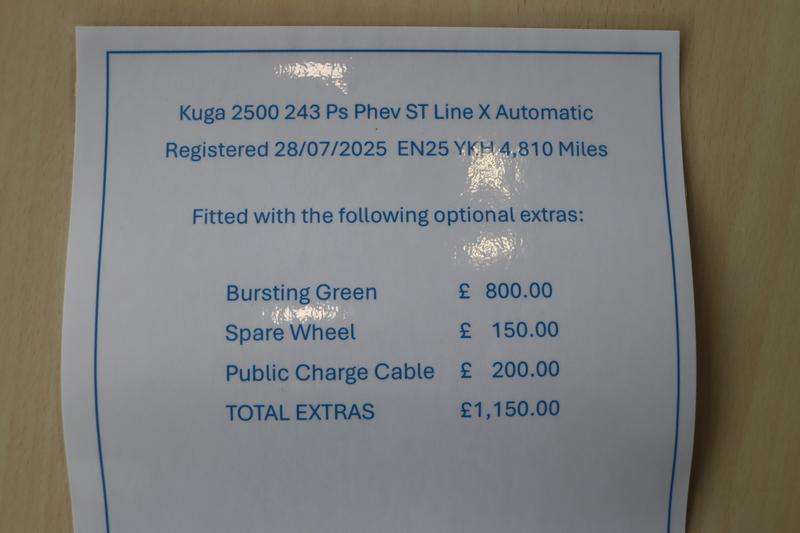 A 2025 FORD KUGA 2.5 Duratec 14.4kWh ST-Line X SUV 5dr Petrol Plug-in Hybrid CVT Euro 6 (s/s) (243 ps) A 2025 FORD KUGA 2.5 Duratec 14.4kWh ST-Line X SUV 5dr Petrol Plug-in Hybrid CVT Euro 6 (s/s) (243 ps)