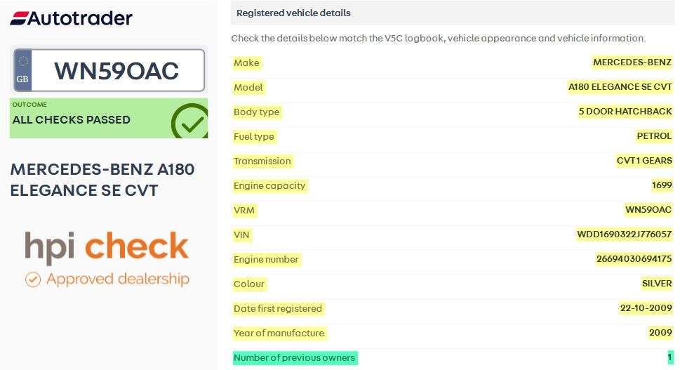 A 2009 MERCEDES-BENZ A-CLASS 1.7 A180 Elegance SE Hatchback 5dr Petrol CVT (166 g/km, 116 bhp) 17 SERVIC A 2009 MERCEDES-BENZ A-CLASS 1.7 A180 Elegance SE Hatchback 5dr Petrol CVT (166 g/km, 116 bhp) 17 SERVIC