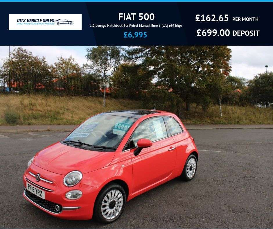 A 2018 FIAT 500 1.2 Lounge 2018,Glass roof,Bluetooth,DAB,Cruise,Parking Sensors,F.S.H,Ulez A 2018 FIAT 500 1.2 Lounge 2018,Glass roof,Bluetooth,DAB,Cruise,Parking Sensors,F.S.H,Ulez