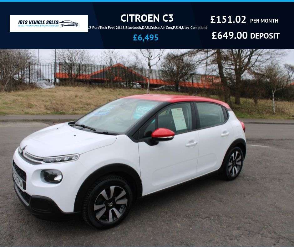 A 2018 CITROEN C3 1.2 PureTech Feel 2018,Bluetooth,DAB,Cruise,Air Con,F.S.H,Ulez Compliant A 2018 CITROEN C3 1.2 PureTech Feel 2018,Bluetooth,DAB,Cruise,Air Con,F.S.H,Ulez Compliant