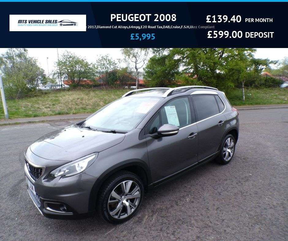 A 2017 PEUGEOT 2008 1.2 Allure 2017,Diamond Cut Alloys,64mpg,£20 Road Tax,DAB,Cruise,F.S.H,Ulez A 2017 PEUGEOT 2008 1.2 Allure 2017,Diamond Cut Alloys,64mpg,£20 Road Tax,DAB,Cruise,F.S.H,Ulez