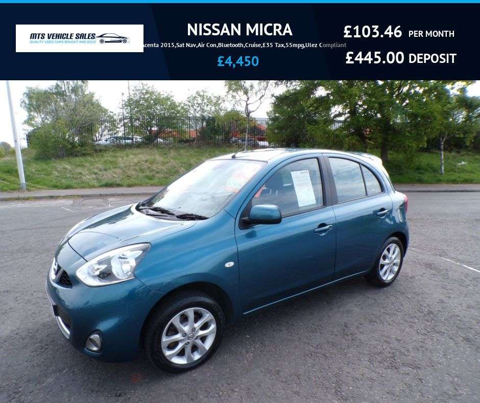 A 2015 NISSAN MICRA 1.2 Acenta 2015,Sat Nav,Air Con,Bluetooth,Cruise,£35 Tax,55mpg,Ulez Complia A 2015 NISSAN MICRA 1.2 Acenta 2015,Sat Nav,Air Con,Bluetooth,Cruise,£35 Tax,55mpg,Ulez Complia