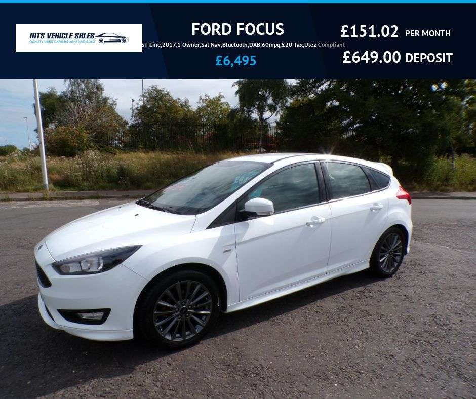 A 2017 FORD FOCUS 1.0T ST-Line,2017,1 Owner,Sat Nav,Bluetooth,DAB,60mpg,£20 Tax,Ulez Complian A 2017 FORD FOCUS 1.0T ST-Line,2017,1 Owner,Sat Nav,Bluetooth,DAB,60mpg,£20 Tax,Ulez Complian