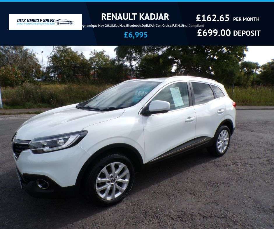 A 2018 RENAULT KADJAR 1.3 TCe Dynamique Nav 2018,Sat Nav,Bluetooth,DAB,SAir Con,Cruise,F.S.H,Ulez A 2018 RENAULT KADJAR 1.3 TCe Dynamique Nav 2018,Sat Nav,Bluetooth,DAB,SAir Con,Cruise,F.S.H,Ulez