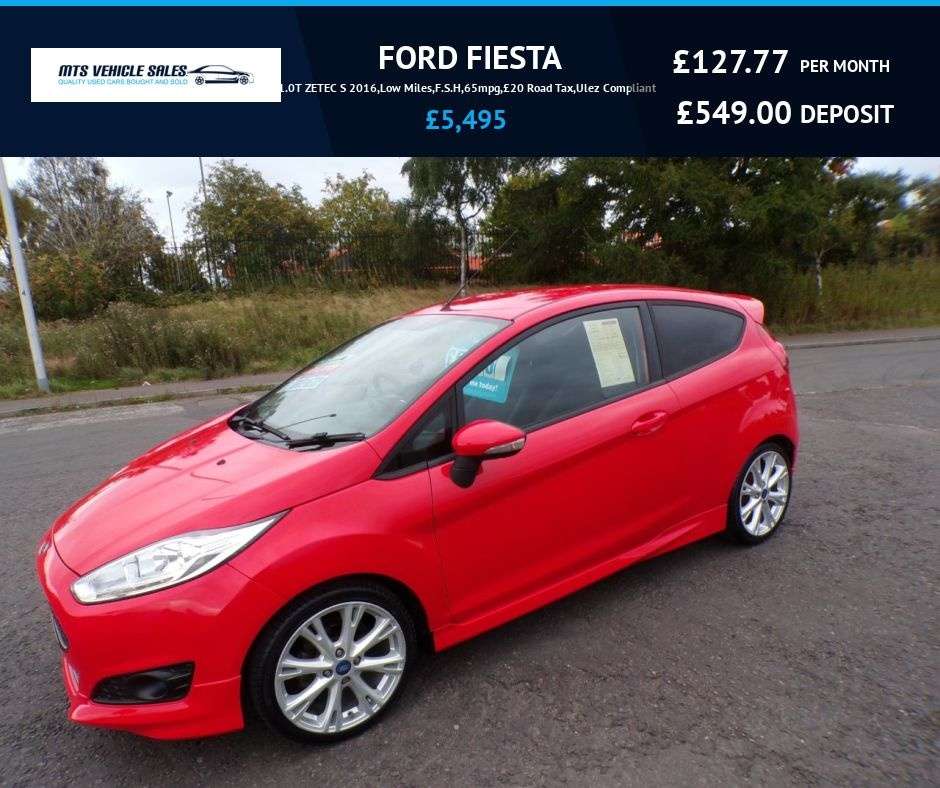 A 2016 FORD FIESTA 1.0T ZETEC S 2016,Low Miles,F.S.H,65mpg,£20 Road Tax,Ulez Compliant A 2016 FORD FIESTA 1.0T ZETEC S 2016,Low Miles,F.S.H,65mpg,£20 Road Tax,Ulez Compliant