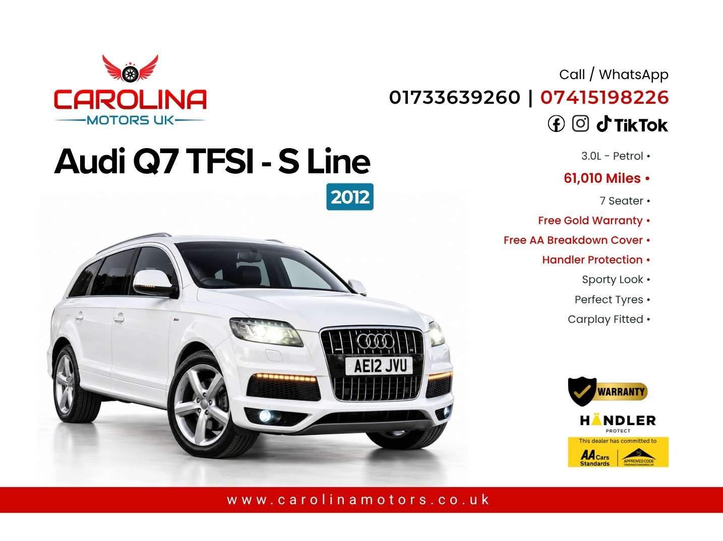 A 2012 AUDI Q7 3.0L TFSI- S LINE - 7 SEATER-ULEZ/CAZ PASS-FREE 28MONTHS GOLD WARRANTY & 12MONTHS AA BREAKDOWN COVER A 2012 AUDI Q7 3.0L TFSI- S LINE - 7 SEATER-ULEZ/CAZ PASS-FREE 28MONTHS GOLD WARRANTY & 12MONTHS AA BREAKDOWN COVER