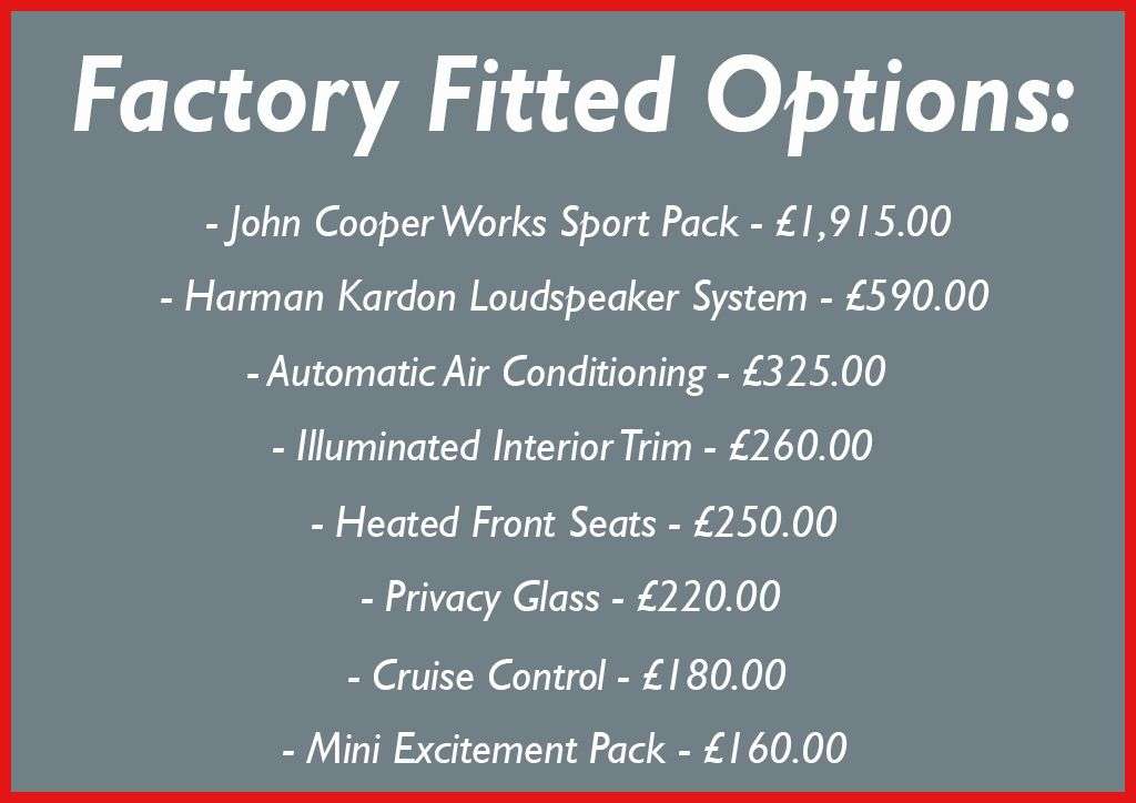 A 2018 MINI HATCH 1.5 COOPER JCW PACK 3 DOOR 6-SPEED 135 BHP (EURO 6) Navigation / Apple CarP A 2018 MINI HATCH 1.5 COOPER JCW PACK 3 DOOR 6-SPEED 135 BHP (EURO 6) Navigation / Apple CarP